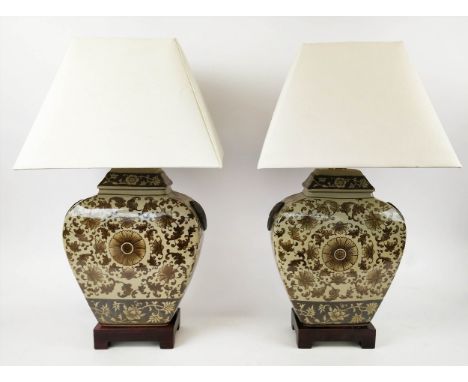 TABLE LAMPS, a pair, Chinese export style ceramic, with shades, 56cm H. (2) 