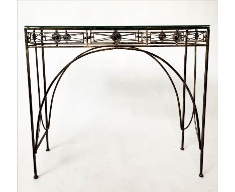 CONSOLE TABLE, Spanish style gilt metal, with bevelled glass and arched supports, 91cm x 80cm H x 30cm D. 