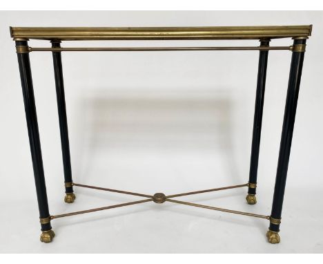 CONSOLE TABLE, mid 20th century Empire style, gilt metal inset glazed top, base with X stretcher and claw feet, 92cm W x 37cm