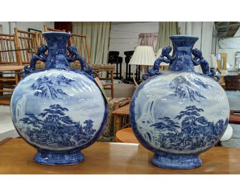 MOON FLASKS, a pair, Chinese export style, blue and white ceramic, 59cm H. (2) 