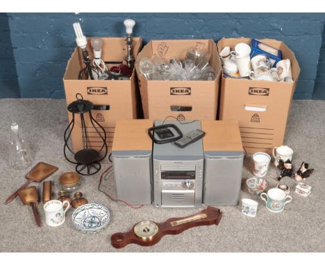 Three boxes of miscellaneous. Including table lamps, commemorative wares, barometer, glassware, Sharp Micro Component System 