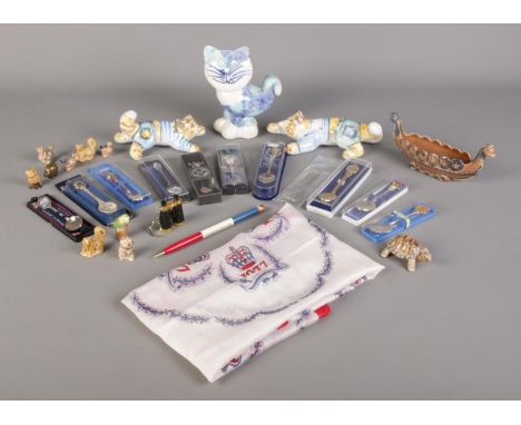 A collection of assorted items, to include Wade Whimseys, Dalton ceramic cat and souvenir spoons.  
