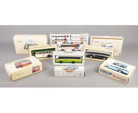 Nine boxed Corgi scale model die cast vehicles, to include Classics and Commercials; Stagecoach three-vehicle set, Strathblai