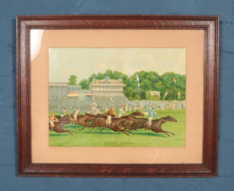 A pair of horse racing oleograph prints titled Eclipse Stakes and Fred Archers Last Derby Mount. Approx. dimensions including