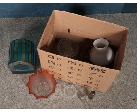 A box of assorted glassware to include medicine bottles, cut glass bowls, oil lamp shades including a coloured acid etched ex