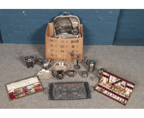 A box of metalwares. Including Old Hall, Viners, candlestick, teapot, cased flatware, etc.  