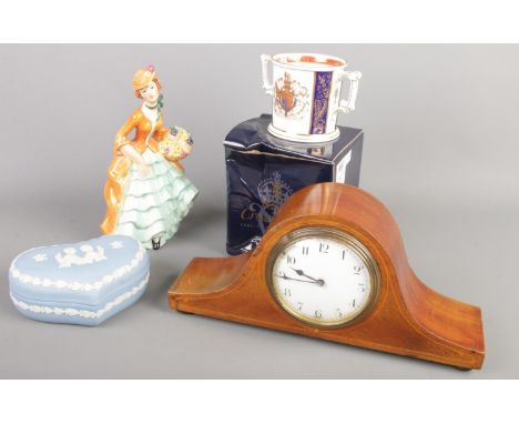 A boxed Royal Crown Derby Golden Jubilee loving cup along with a Goebel figure, blue Wedgwood jasperware lidded pot and a sma