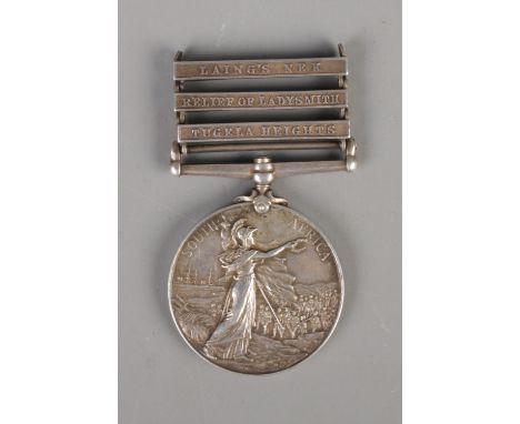 A Boer War South Africa medal with three clasps - Laing's Nek, Relief of Ladysmith and Tugela Heights. Awarded to Private R. 