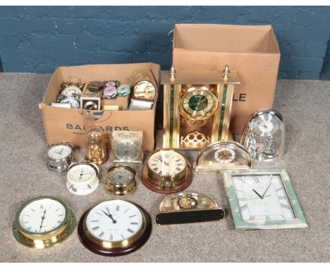 Two boxes of assorted clocks, to include examples from Cyma, Metamec, Westclox and London Clock Co etc.  