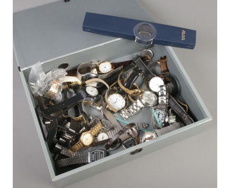 A box of quartz and manual wristwatches. Includes boxed Avia example, digital etc.  