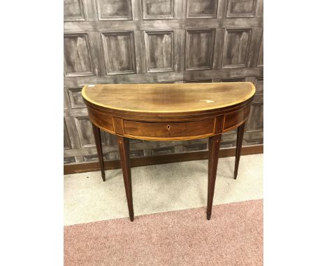 REGENCY MAHOGANY ‘D’ SHAPED TURNOVER CARD TABLE, the satinwood crossbanded top with frieze drawer below, on square tapered le