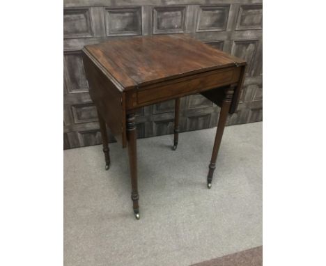 REGENCY MAHOGANY DROP LEAF TEA/GAMES TABLE, the reversible top inlaid with games board, revealing an interior inlaid for back