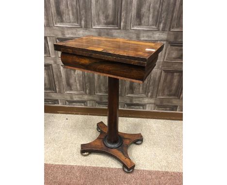 EARLY VICTORIAN ROSEWOOD OBLONG GAMES TABLE, the crossbanded top opening to reveal an interior inlaid for chess, backgammon a