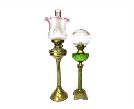 BRASS OIL LAMP, with glass funnel and shade, 64cm high to tip of shade, along with an onyx and brass oil lamp with glass shad