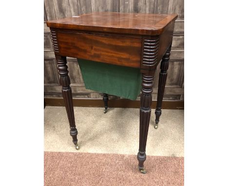 POST REGENCY MAHOGANY AND ROSEWOOD CROSSBANDED NEEDLEWORK TABLE, with single frieze drawer and pull-out work basket, on turne