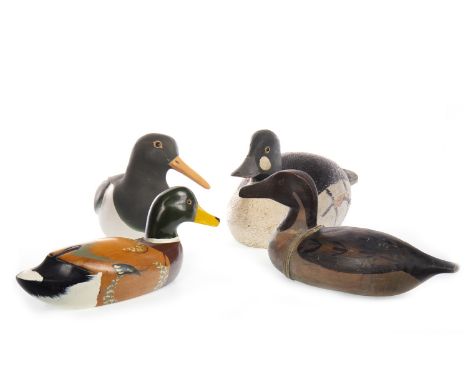 EARLY 20TH CENTURY DUCK DECOY, glass eyes and painted body, 27cm long, along with two modern duck decoys and a ceramic duck (