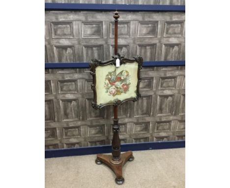 VICTORIAN MAHOGANY POLE FIRESCREEN, the adjustable screen inset embroidered panel of a bird amongst foliage, on a concave tri