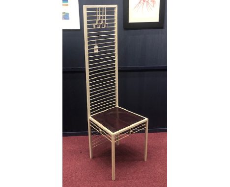 CONTEMPORARY METALWORK HIGH BACK CHAIR, the ladder back with squareform motifs, drop in two part hardwood seat, on squared le