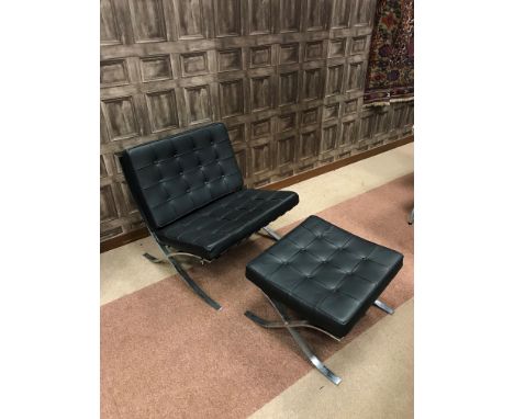 BARCELONA STYLE CHAIR AND FOOTSTOOL, after Mies van der Rohe, button backed black leather on a steel frame, 74cm high