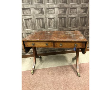 REGENCY ROSEWOOD SOFA TABLE, with two frieze drawers, the whole outlined with boxwood stringing, on end supports with splayed