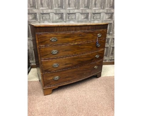 POST REGENCY MAHOGANY BOW FRONT CHEST, of four long graduated cockbeaded drawers, on bracket feet, 117cm wide