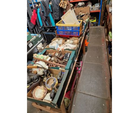2 table tops  (11 boxes) and five boxes underneath containing miscellaneous items including brass jam pan, sea shells, treen,