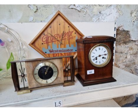 Three mantle clocks including Metamec, Grosvener Time Westminster pine clock, etc.