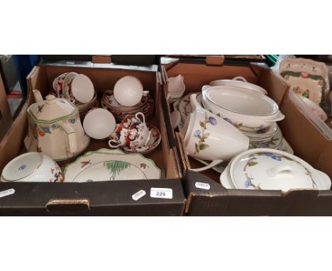 Two boxes of ceramics including Wedgwood 'Blue Delphi' dinnerwares, Tuscan china part tea service and Crown Devon teapot &amp