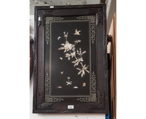 Chinese panel decorated with flowers, butterfly and bird in carved mother of pearl, 73.5cm x 49.5cm