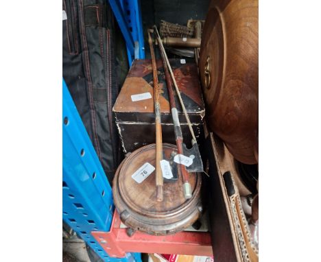A mixed lot comprising warming pan, copper curtain rails, two violin bow, tea caddy, Chinese carved wood stand and a bugle wi