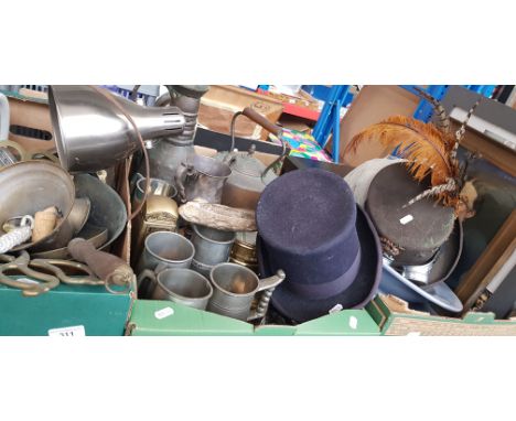 2 boxes of metal ware and a box containing ceramics, vintage radio, steam punk top hat and another, and 2 framed pictures