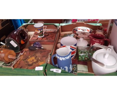 Two boxes of mixed ceramics including Anita Harris lamp, Art Nouveau tiles, terracotta wall tiles, Wedgwood jug, etc.