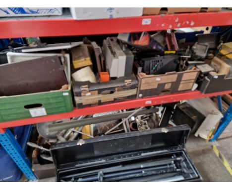 7 boxes of miscellaneous photographic items including tripods, editors, films, enlarger, old cameras, large studio lamp, and 
