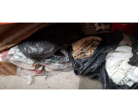 A mixed lot of textiles including a box of linen including embroidered linen, various curtains including Dorma &amp; Sanderso
