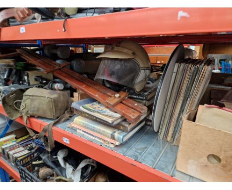 Miscellaneous items to include short wave radio, camera, weights set, books, LPs, microscope etc