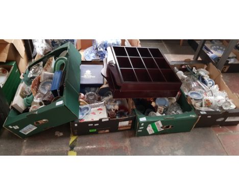 4 boxes of mixed glass, ceramics etc. including Royal Worcester, Wedgwood, Lladro, lead crystal etc. and 2 wall-mounted displ