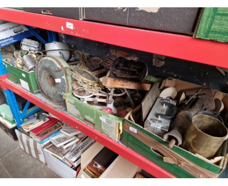 4 boxes of miscellaneous items, mainly metalware, kitchen scales and weights
