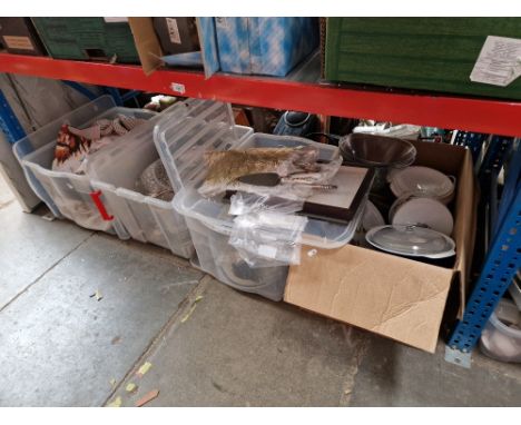 6 boxes of mixed items to include pyrex bowls, pottery including large Losol ware Chusan container (AF), table linen, glass w