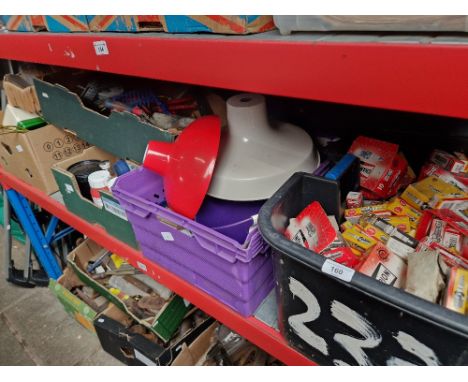 5 boxes of assorted items including garage tools, box of car spark plugs, box of game consoles and a monitor, acrylic paints,