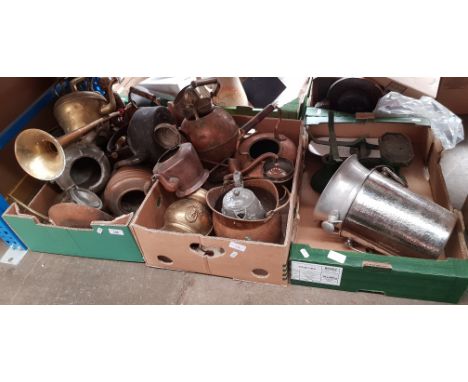 3 boxes of metal ware including brass, copper, kitchen scales, pewter etc