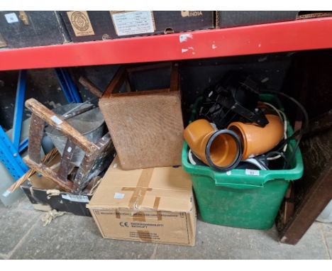 A box of metalware  including galvanised bucket, shoe last, bath lift, a box of drainage plastic pipes, 2 stools and a card t