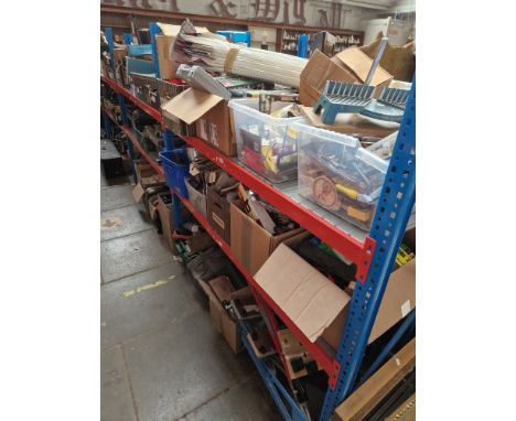 3 shelves of electrical and hand tools and garage items, coving, 2 workbenches, decorating materials etc