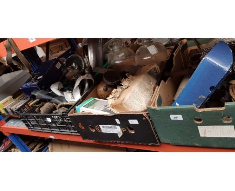 Five boxes of mixed items to include drain plugs, music cassettes, demijohns, hip flask, ceramics, figurines, vintage globe, 