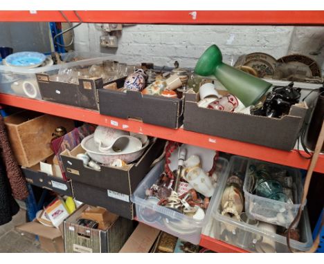 9 boxes of assorted pottery, glass, stoneware, sewing machine, treen, table lamp, binoculars etc