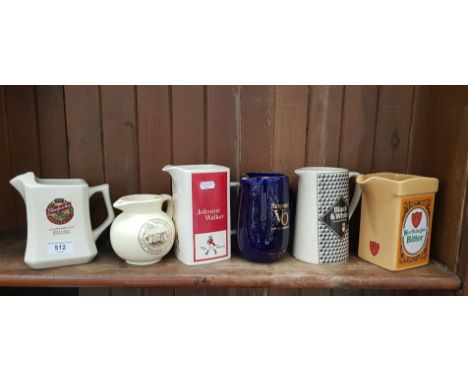 6 advertising water jugs:  Seagram’s VO imported Canadian,The Scotch Malt Whisky Soc. Leith, Glenfarclas single malt 150 anni