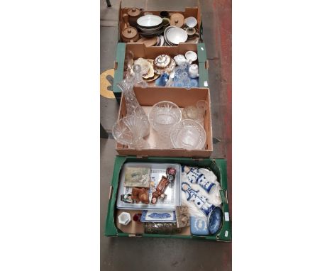 Three boxes of ceramics and a box of glass. Includes Denby, Paragon, Aynsley, Royal Worcester, figurines etc