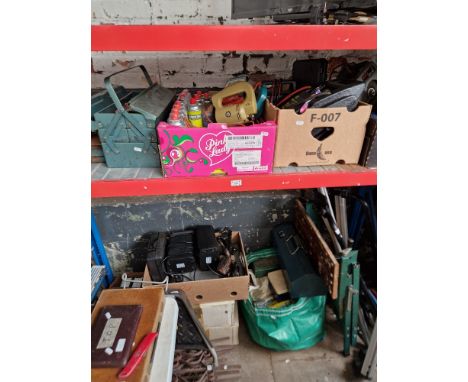Various tool including Bosch circular saw, battery charger/compressor, workbench, 2 metal toolboxes, G clamps, electric sande