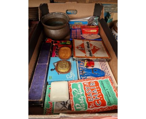 A mixed collection including copper bowl, slide rules, toy cars, vintage games etc