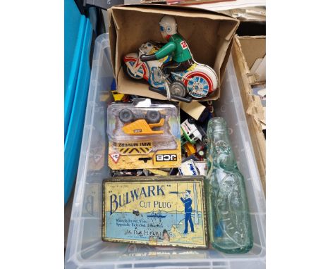 A box of assorted toys &amp; collectables to include a Chinese clockwork motorcycle &amp; a bullet stopper vintage glass botl