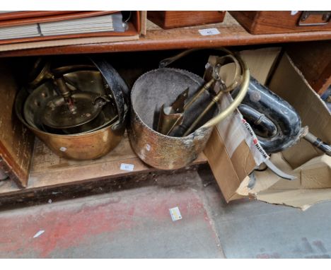 2 brass jam pans, a Lucas King of the Road car horn, coal bucket with fireside irons, kitchen scales with weights etc